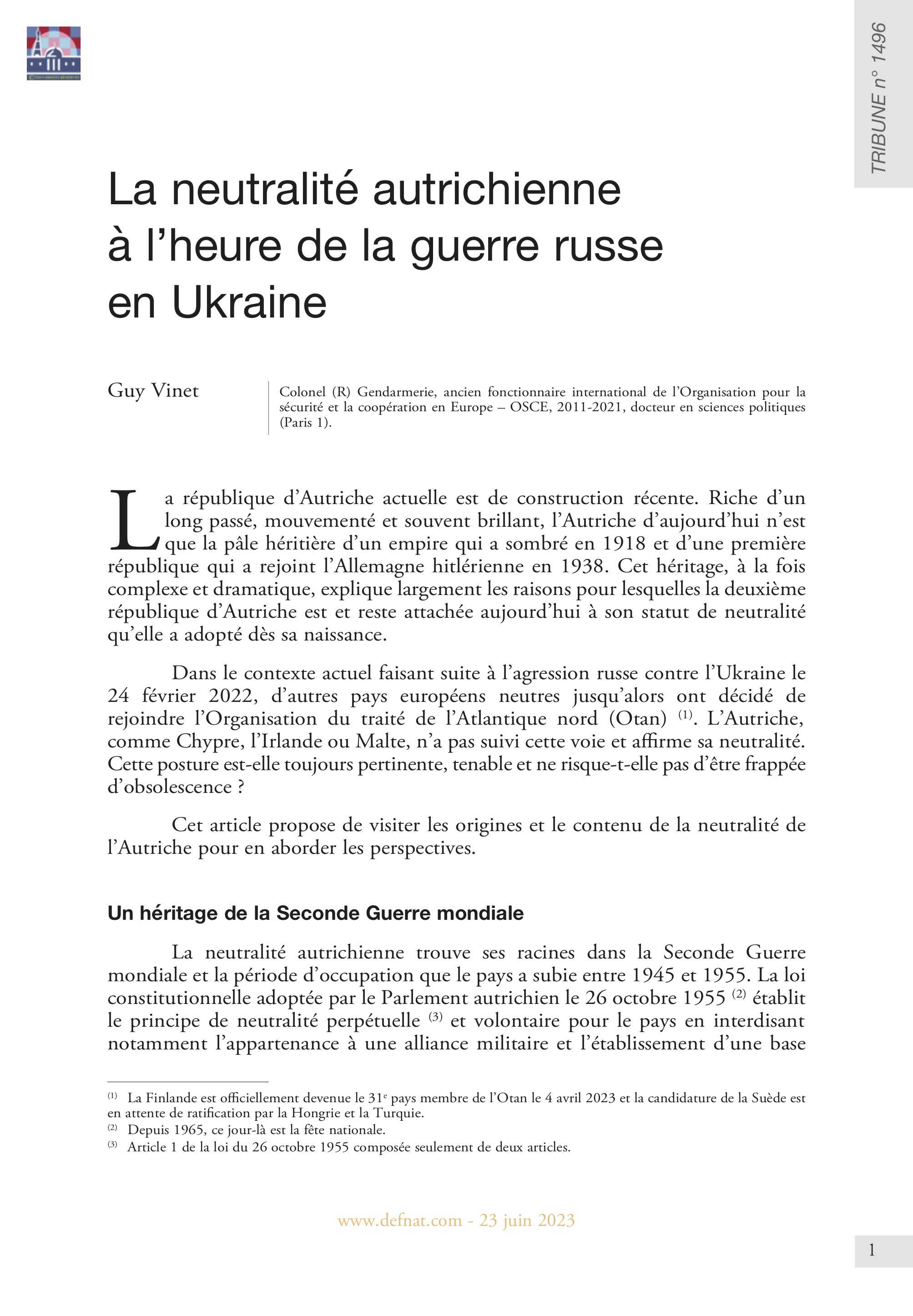 La neutralité autrichienne à l’heure de la guerre russe en Ukraine (T 1496)
